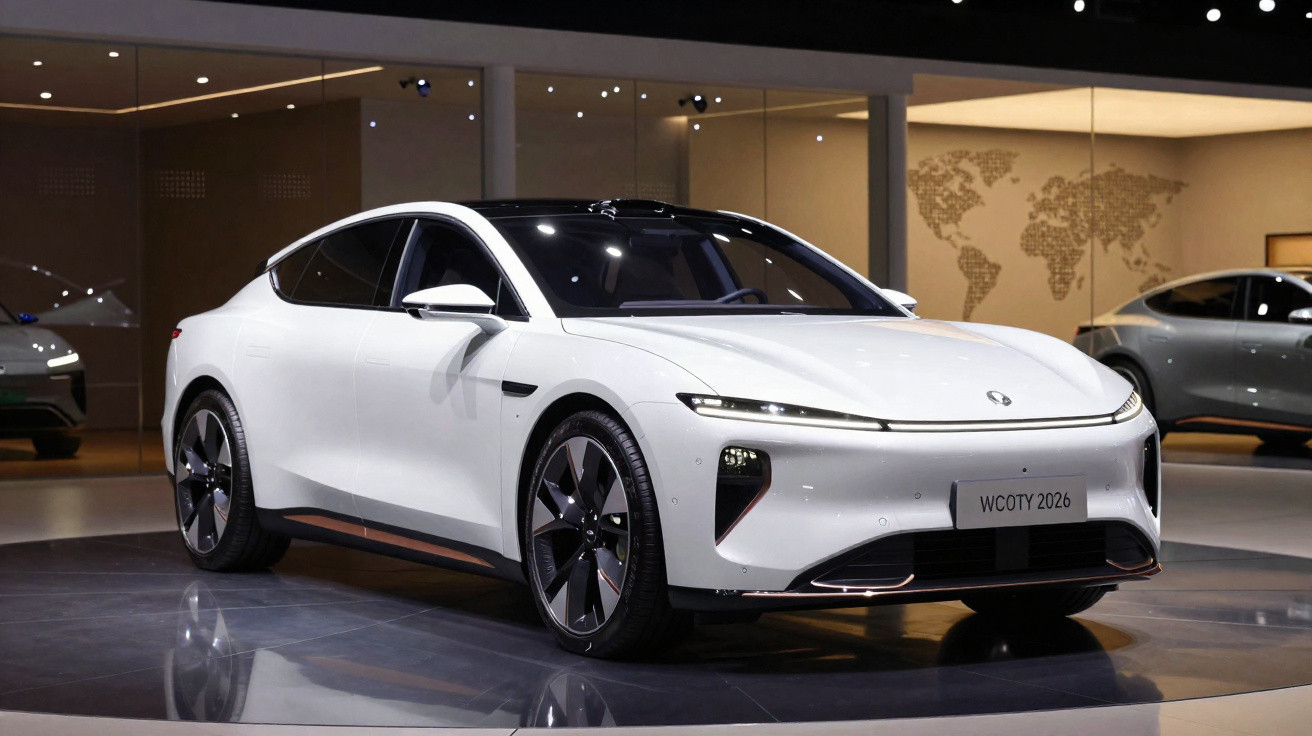 Carro elétrico branco exposto em salão, com design moderno e rodas pretas elegantes.