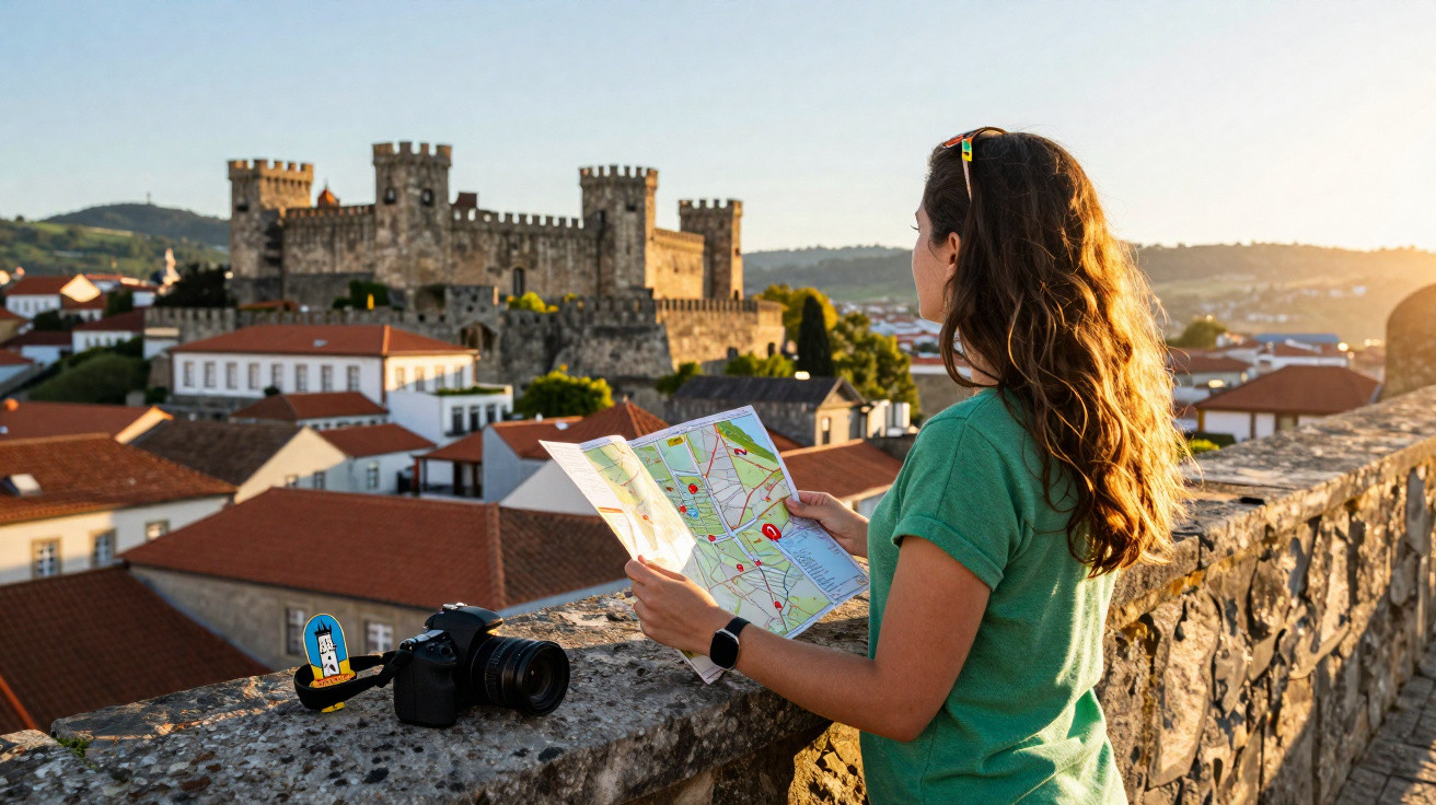 Mulher com mapa na mão observa castelo medieval ao pôr do sol, com casa e relva ao fundo.