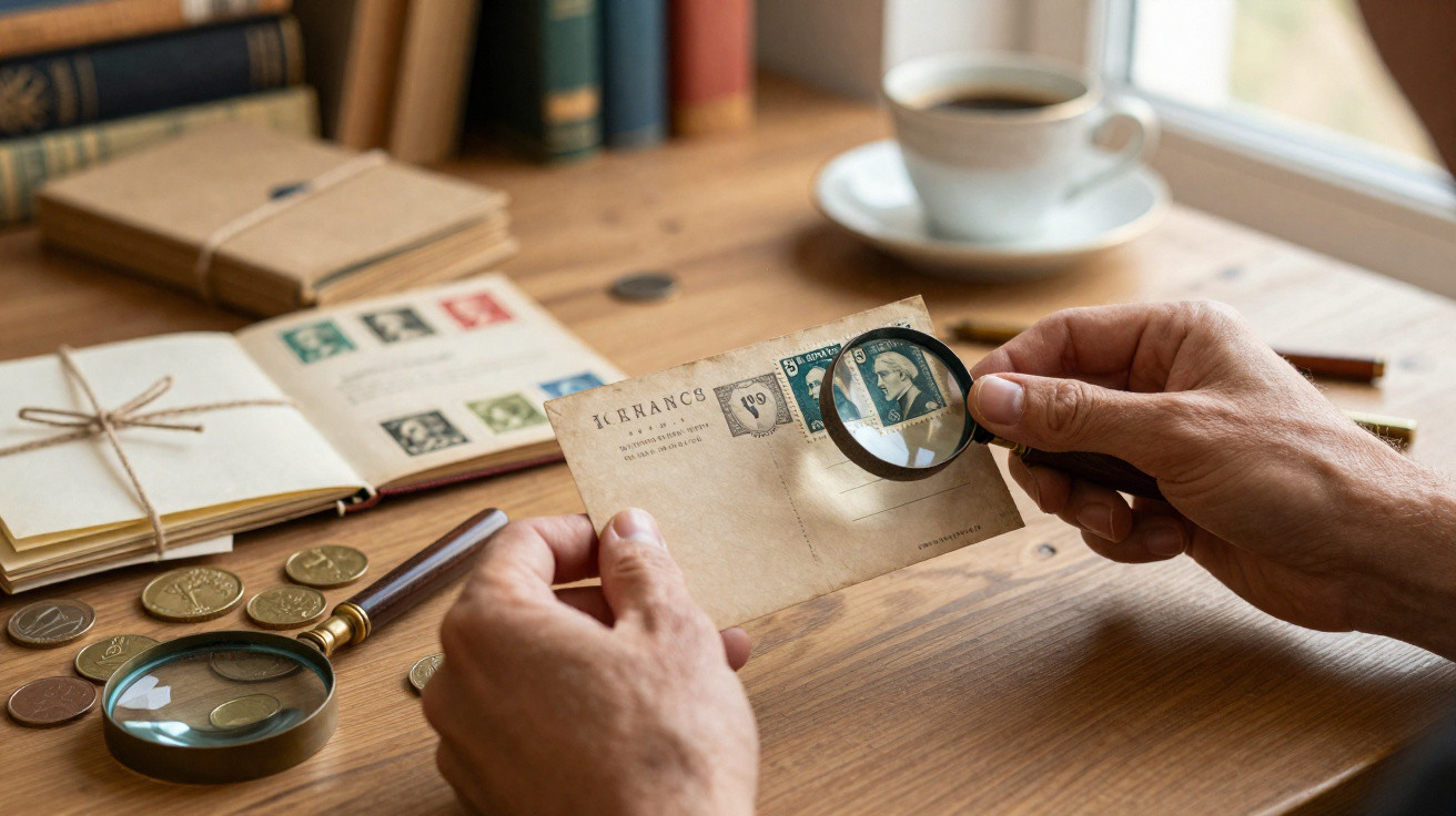 Mãos seguram uma lupa e um envelope antigo com selos, ao fundo livros, moedas e uma chávena de café.