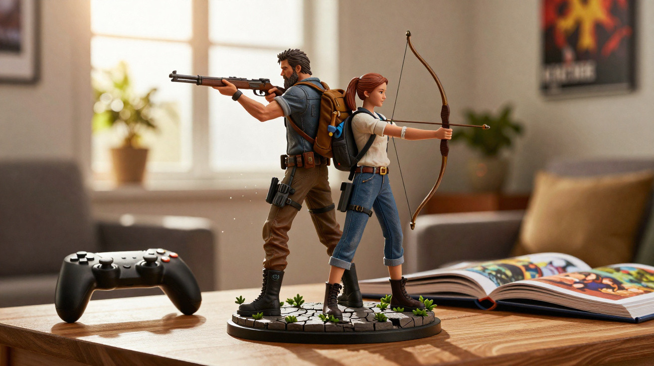 Estatuetas de personagens masculinos e femininos armados em base decorativa sobre mesa com comando e livro ao fundo.