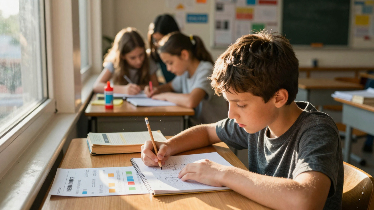 Criança a fazer exercícios de matemática numa sala de aula com outros três alunos ao fundo.