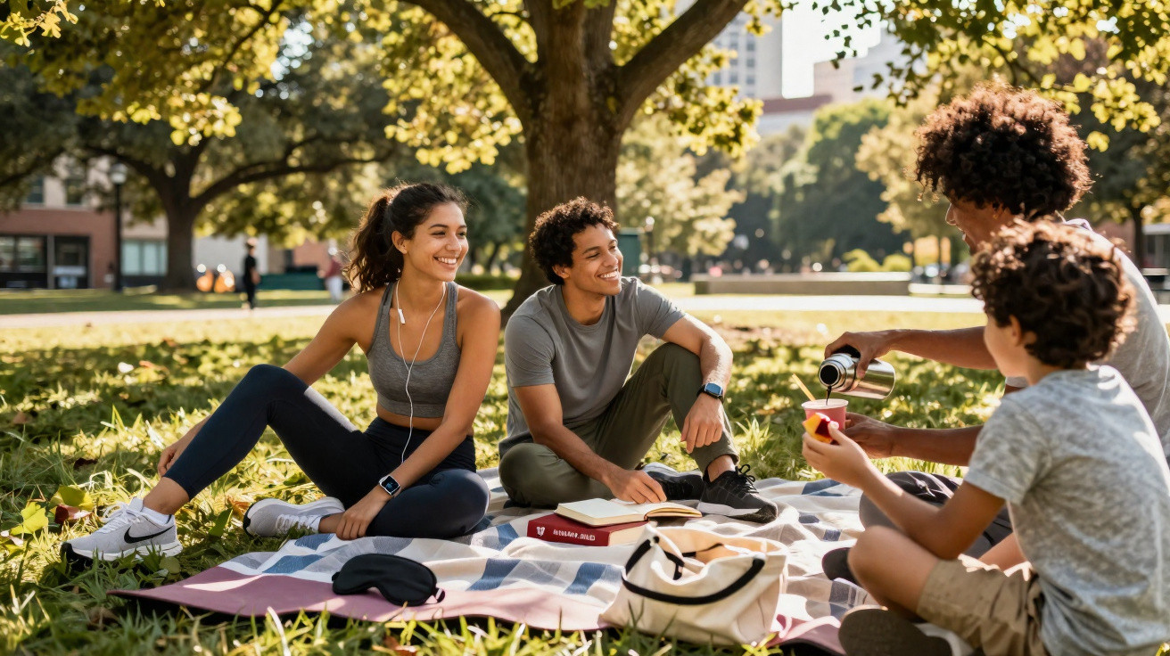 Quatro jovens sentados num parque, numa manta, a socializar e a beber café ao ar livre.