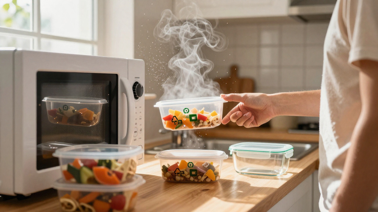 Pessoa a retirar recipiente plástico com comida quente de micro-ondas numa cozinha iluminada.