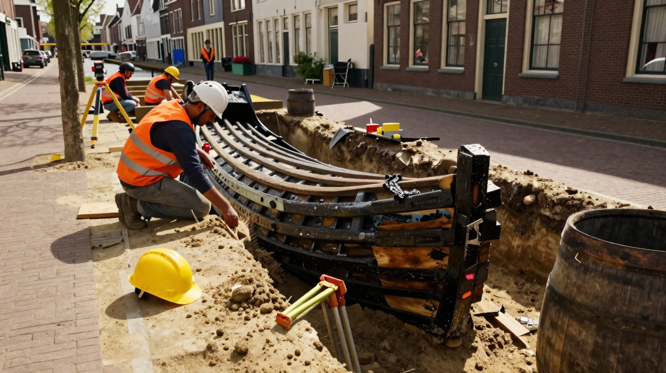 Trabalhadores em obras a escavar e restaurar um grande casco de madeira antigo numa rua urbana.