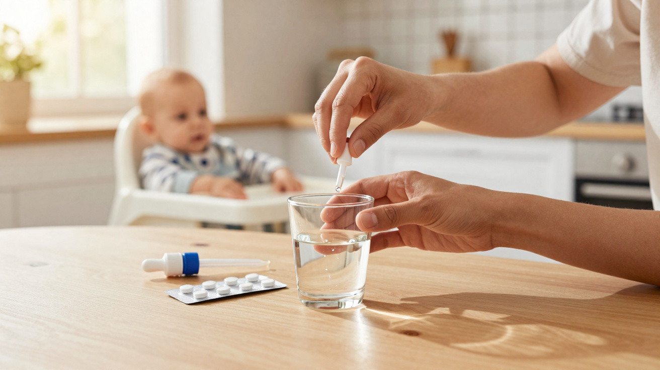 Pessoa a colocar comprimidos num copo de água numa mesa com bebé ao fundo numa cadeirinha.