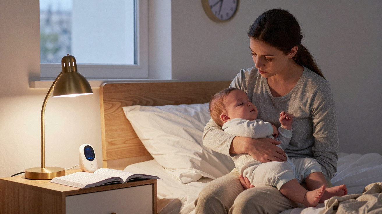 Mãe segura bebé no quarto, sentada na cama, com luz suave de candeeiro e monitor de bebé na mesa de cabeceira.