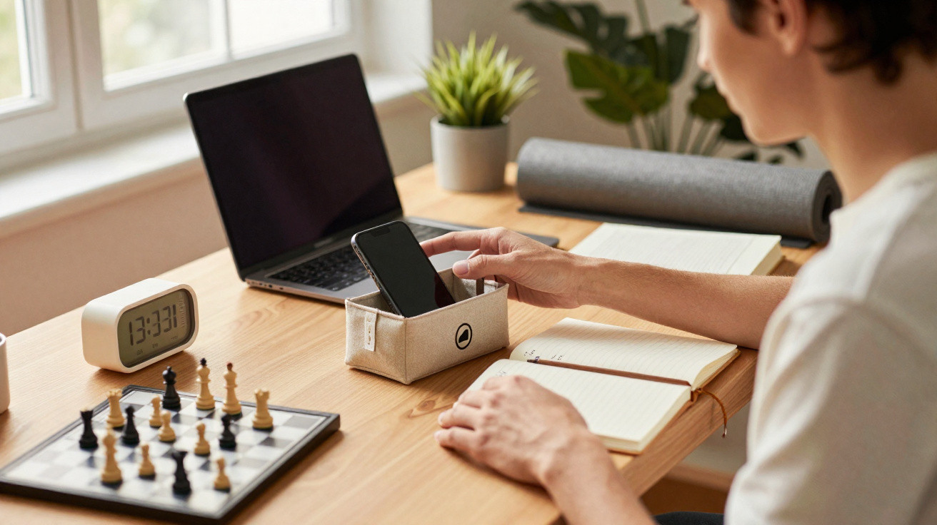 Homem sentado à mesa com portátil, telefone, caderno, relógio de xadrez e tabuleiro de xadrez.