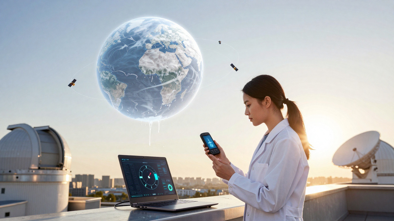 Mulher cientista observa balão terrestre flutuante com satélites, rodeada de equipamentos tecnológicos ao entardecer.