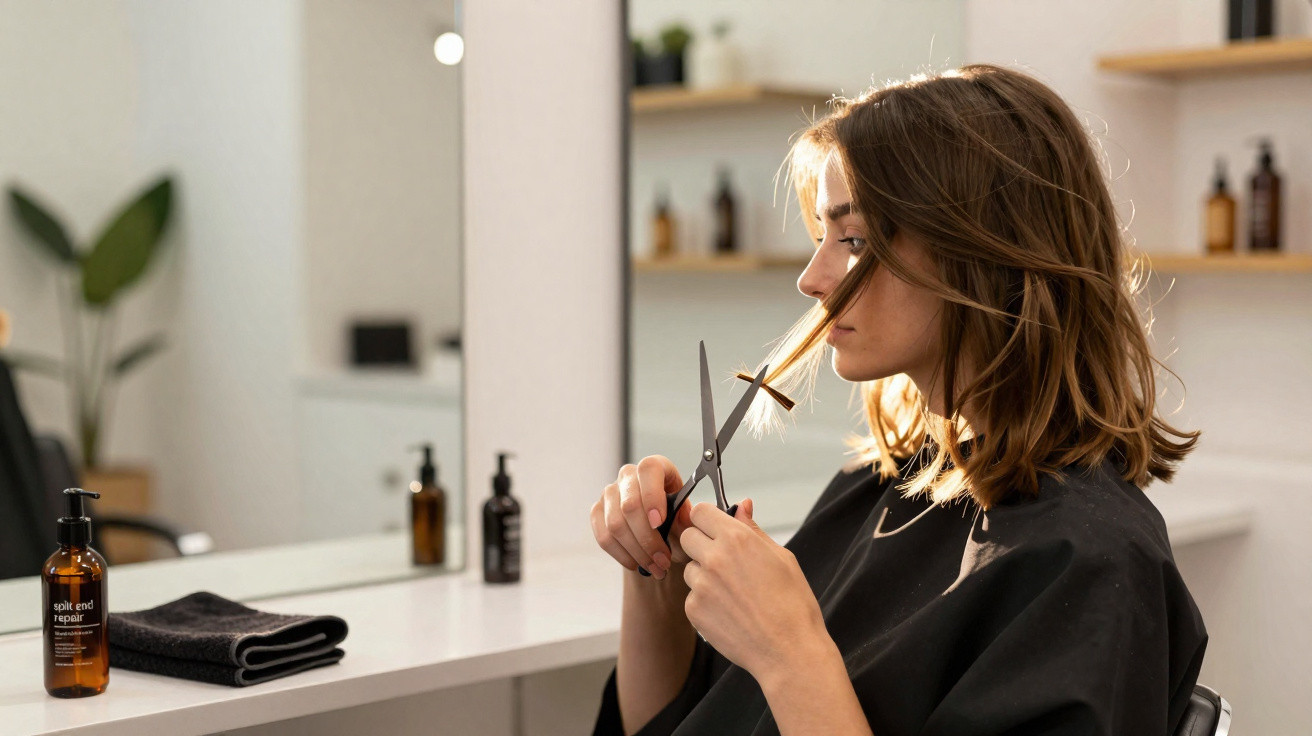 Pessoa a cortar o cabelo na frente de um espelho num salão de beleza moderno.