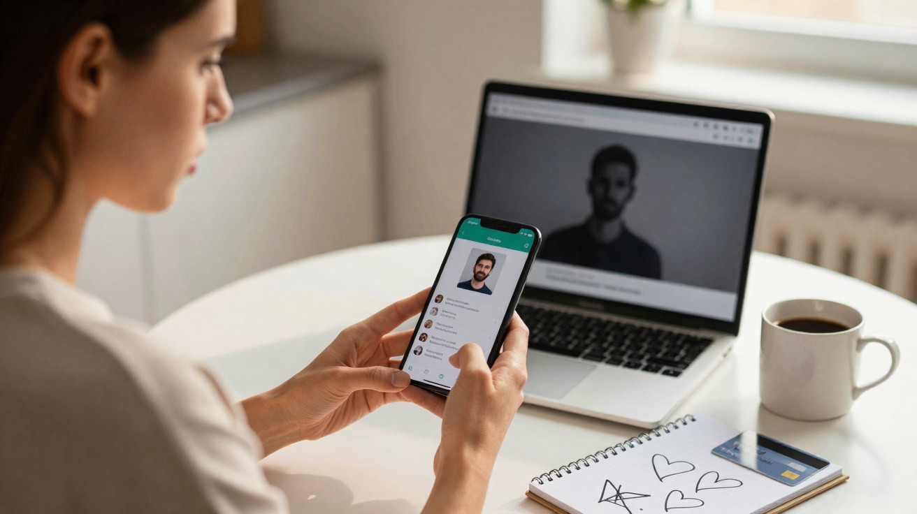 Mulher vê perfil de homem no telemóvel com imagem do mesmo no computador ao fundo numa mesa com notas e café.