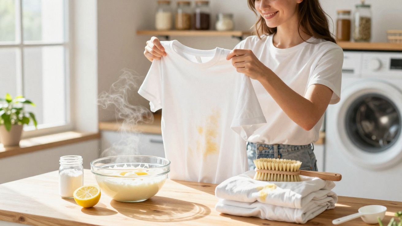Mulher sorridente a segurar uma t-shirt branca manchada, com ingredientes naturais para limpeza à frente.