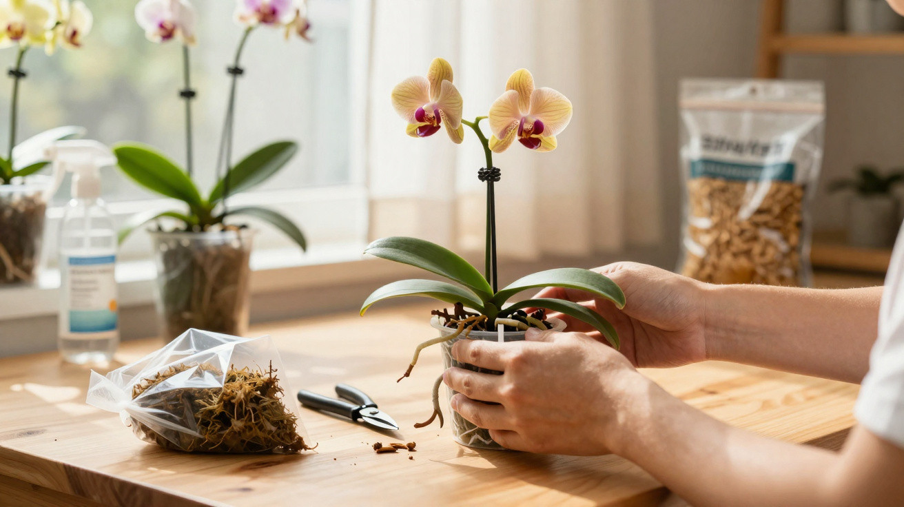 Mãos a transplantar orquídea amarela num vaso transparente sobre mesa de madeira com terra e ferramentas.