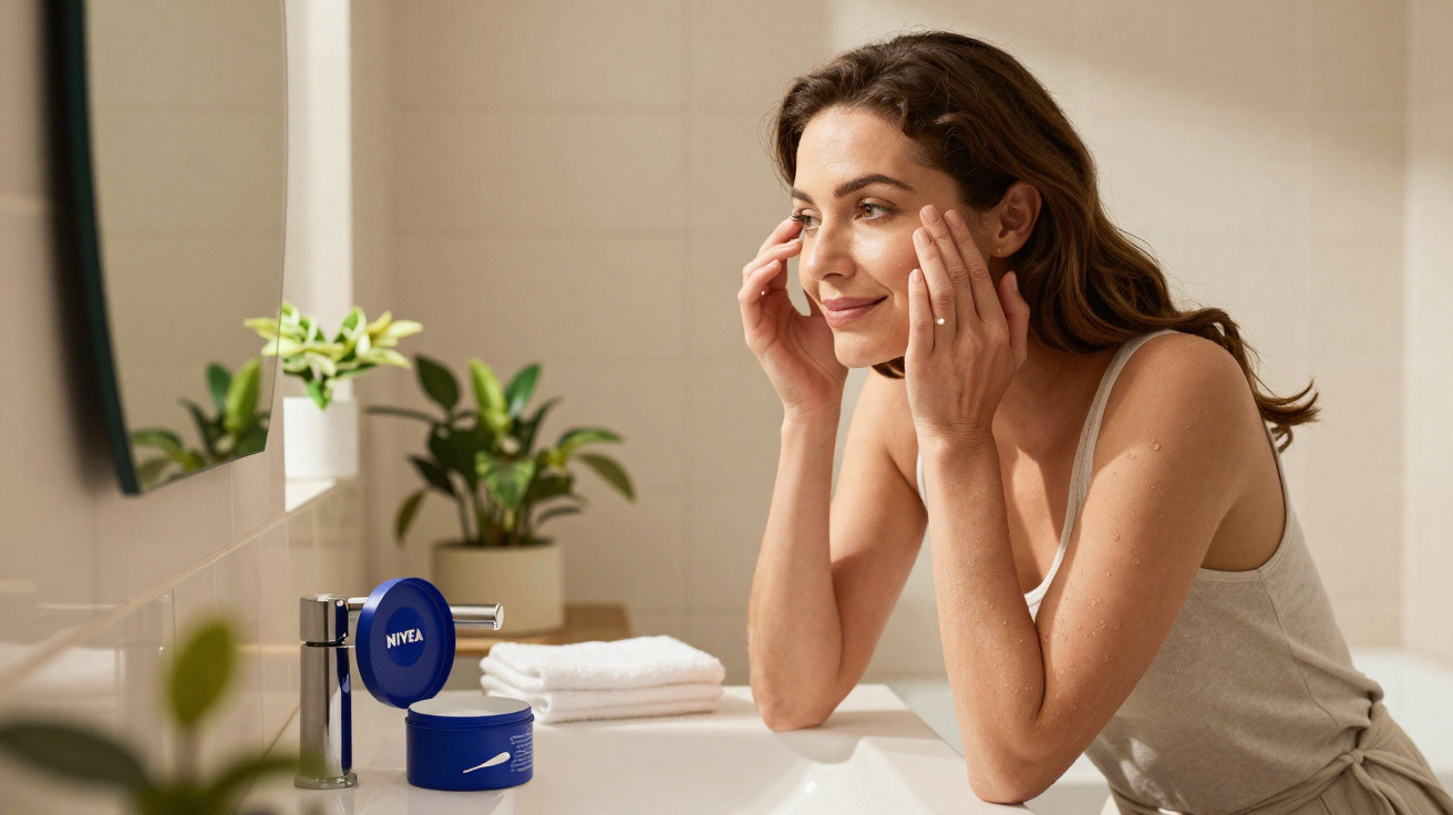 Mulher a aplicar creme facial Nivea, olhando-se ao espelho numa casa de banho luminosa.