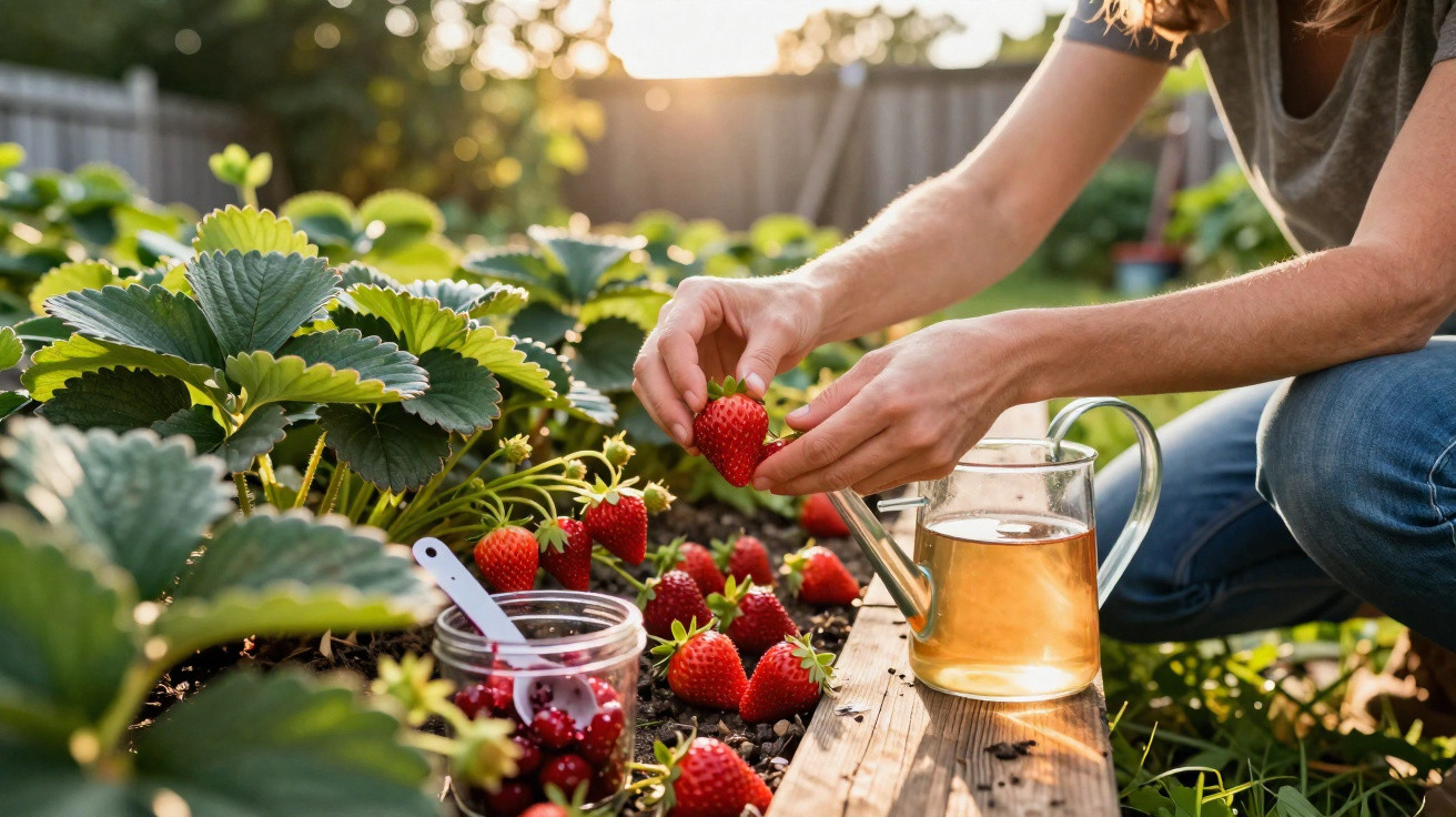 Pessoa consegue morangos maduros num campo com regador e frascos de frutas ao redor ao pôr do sol.