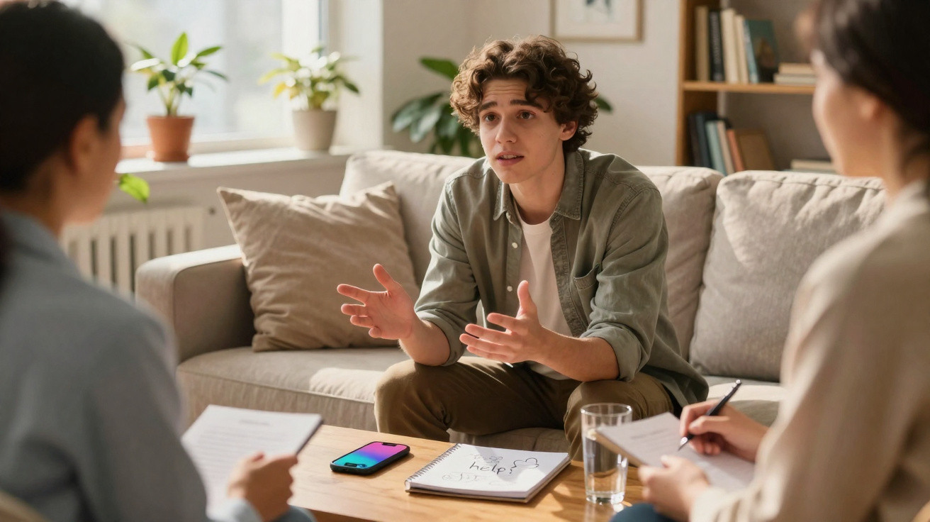 Jovem sentado no sofá a conversar com duas pessoas, com bloco de notas à frente numa sessão de terapia.