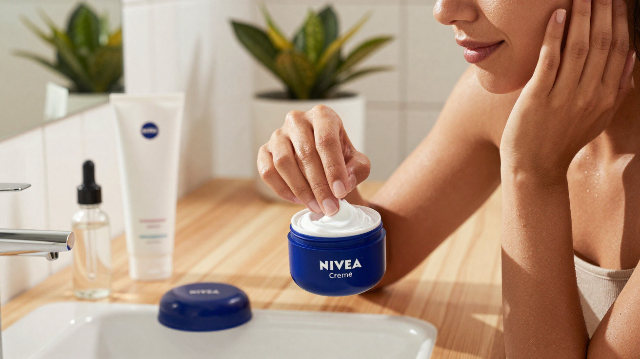Pessoa a aplicar creme hidratante Nivea junto a uma pia de casa de banho com plantas ao fundo.
