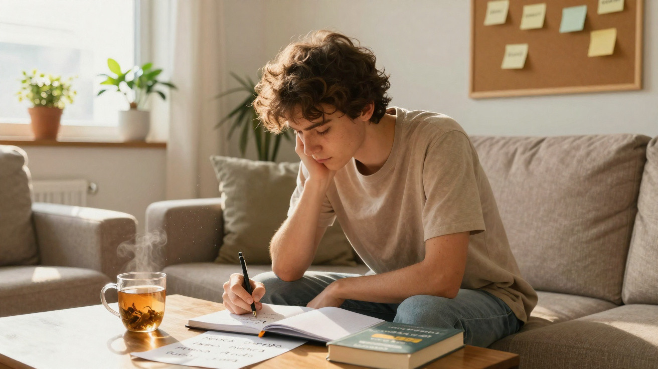 Jovem sentado no sofá a estudar, escrevendo num caderno com chá quente numa mesa à frente.