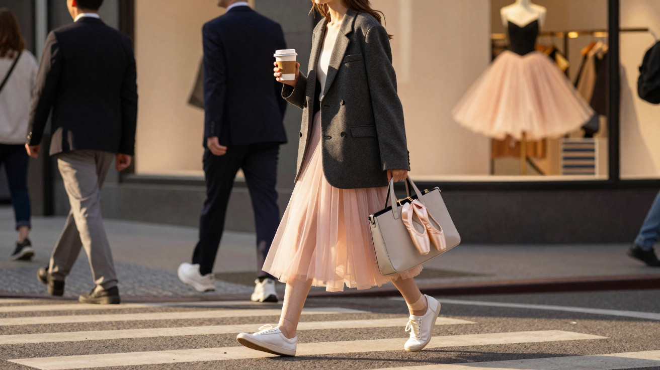 Mulher com saia rosa plissada, casaco cinza e ténis brancos a atravessar passadeira com café e mala.