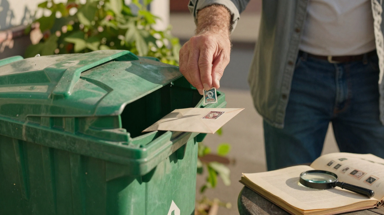 Pessoa a colocar selos e carta num contentor verde de reciclagem, junto a livro aberto com lupa.