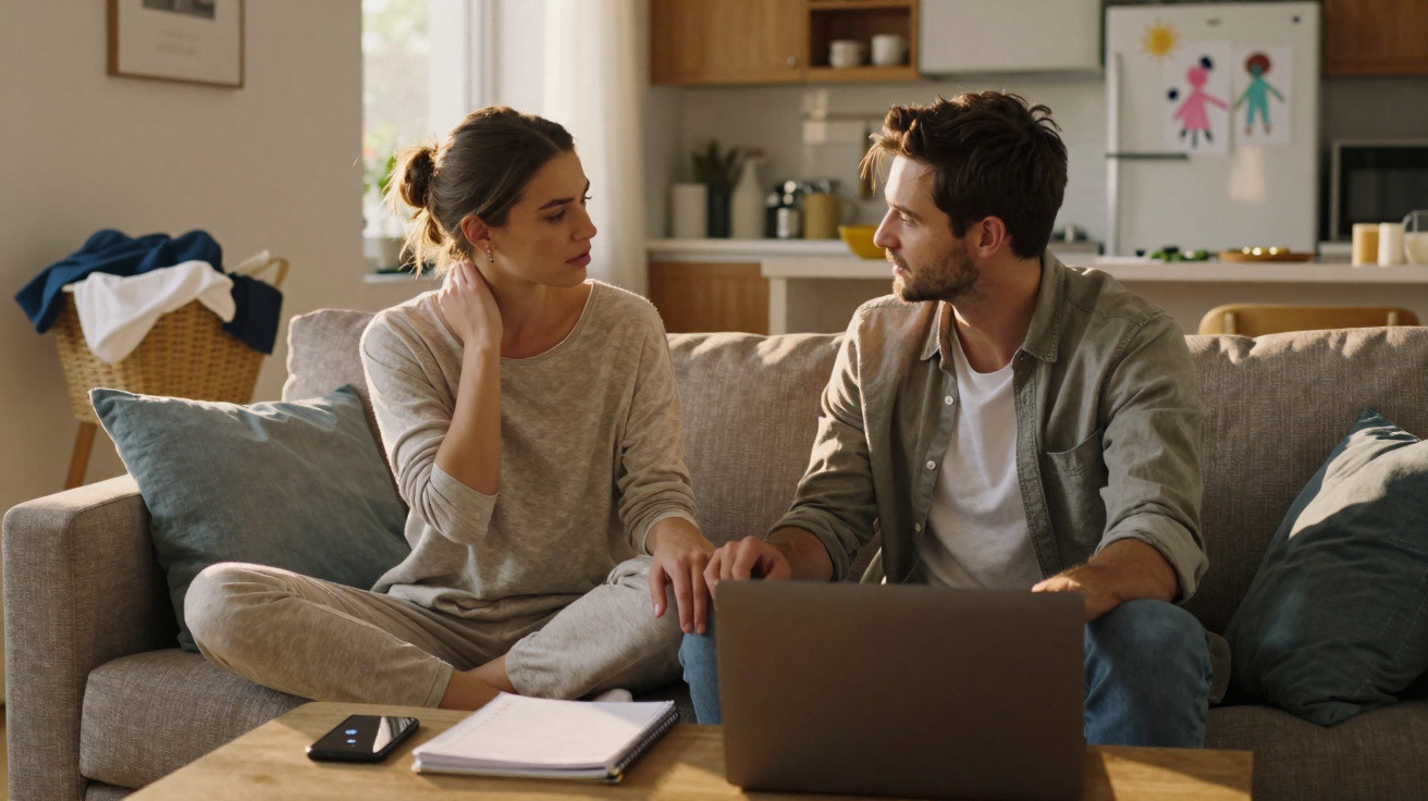 Casal sentado no sofá a conversar, com um portátil e cadernos sobre a mesa de café.