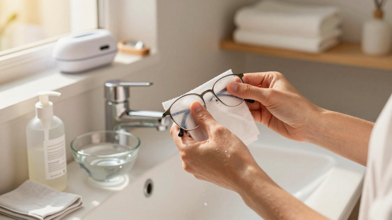 Pessoa a limpar óculos com pano branco junto a uma pia com torneira e produtos de higiene.